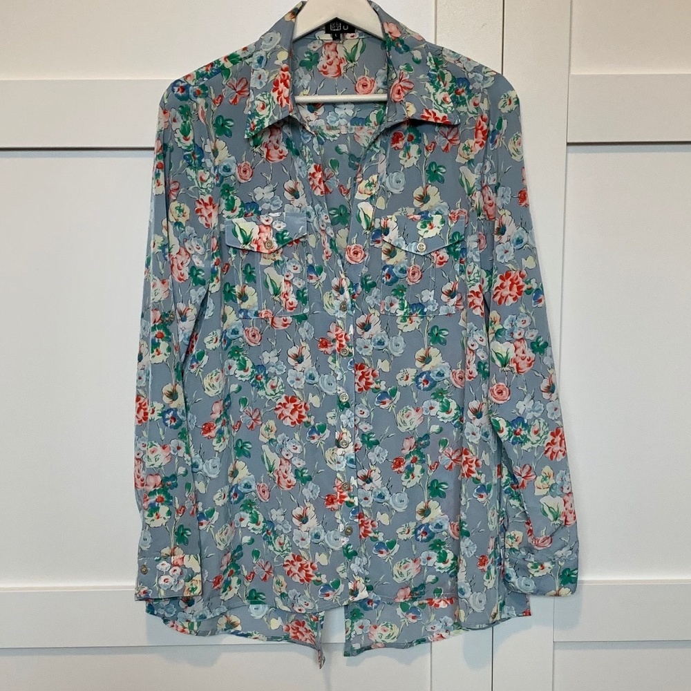 💐Very J 💐Spring Flower Deep V Button Down/Swim Coverup L
